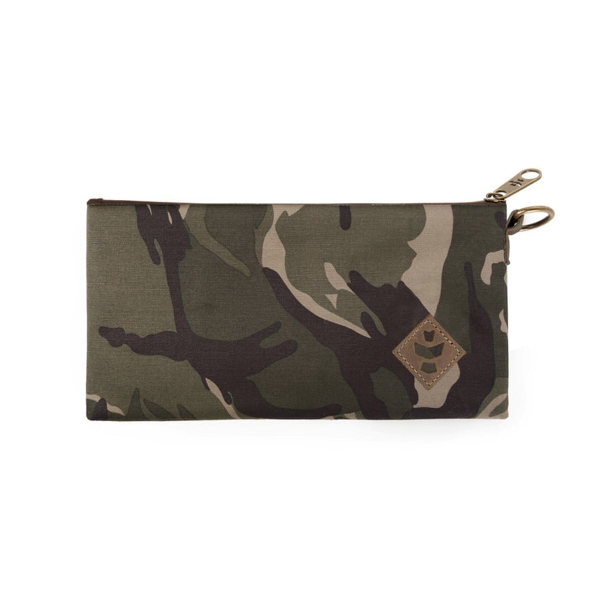 Front view of The Broker - Smell Proof Zippered Stash Bag, a dark zippered pouch on a plain white background.