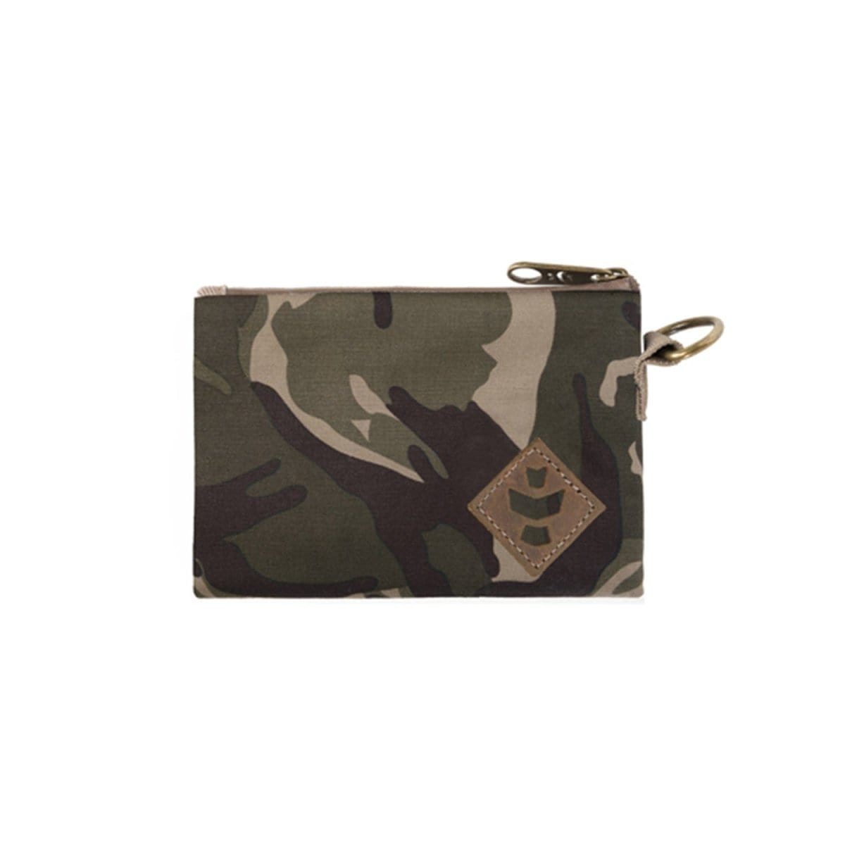 Front view of The Mini Broker - Smell Proof Zippered Small Stash Bag, a dark-colored zippered pouch with a loop handle.