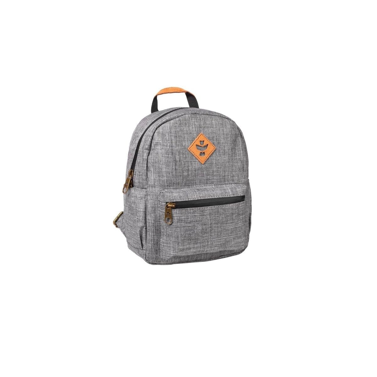 Front view of The Shorty - Smell Proof Mini Backpack, a gray fabric backpack with a zippered pocket and adjustable straps.