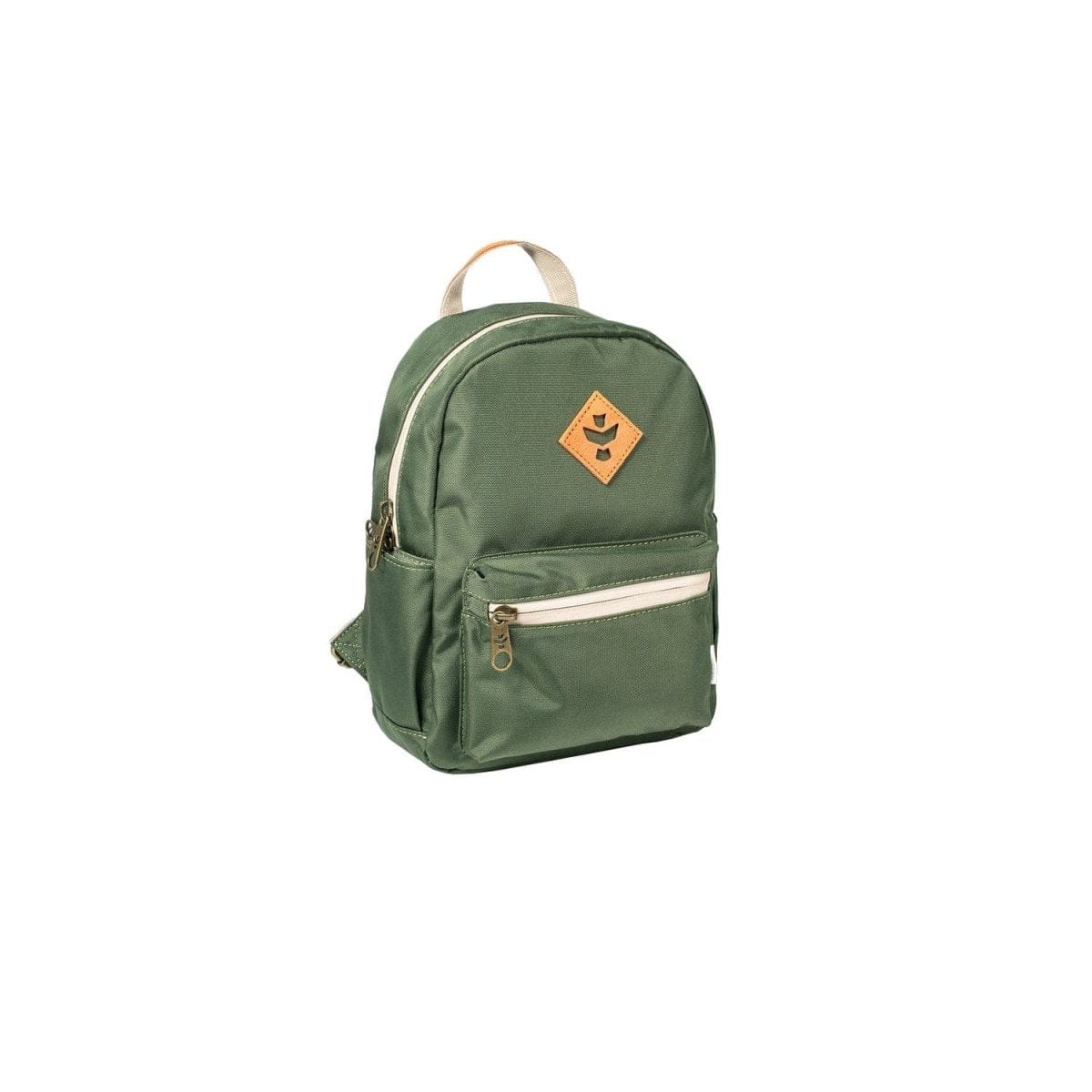 Front view of the Smell Proof Mini Backpack – The Shorty, a compact green backpack against a plain white background.