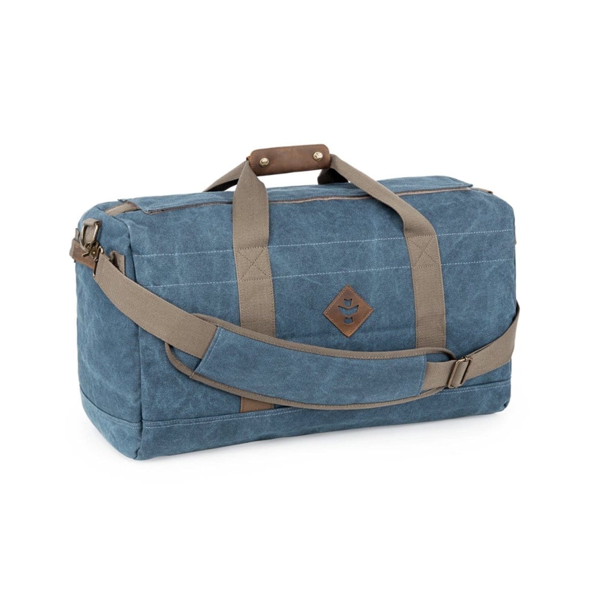 Three-quarter front view of The Around-Towner - Smell Proof Medium Duffle in marine blue canvas with tan straps and a padded shoulder sling on a white background