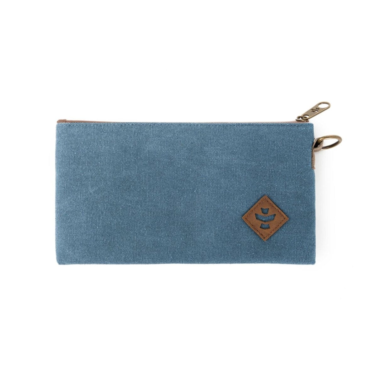 Front view of The Broker - Smell Proof Zippered Stash Bag, a dark blue zippered pouch with a pull tab, shown against a plain white background.