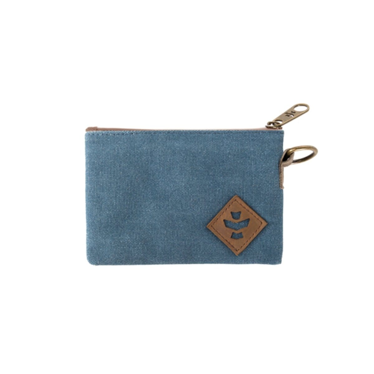 Front view of The Mini Broker - Smell Proof Zippered Small Stash Bag, a dark blue zippered pouch with a metal pull.