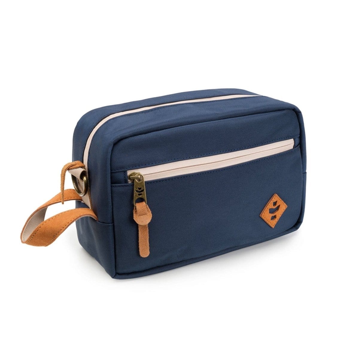 A slightly angled view of The Stowaway - Smell Proof Toiletry Kit, a dark blue zippered pouch with a carrying handle.