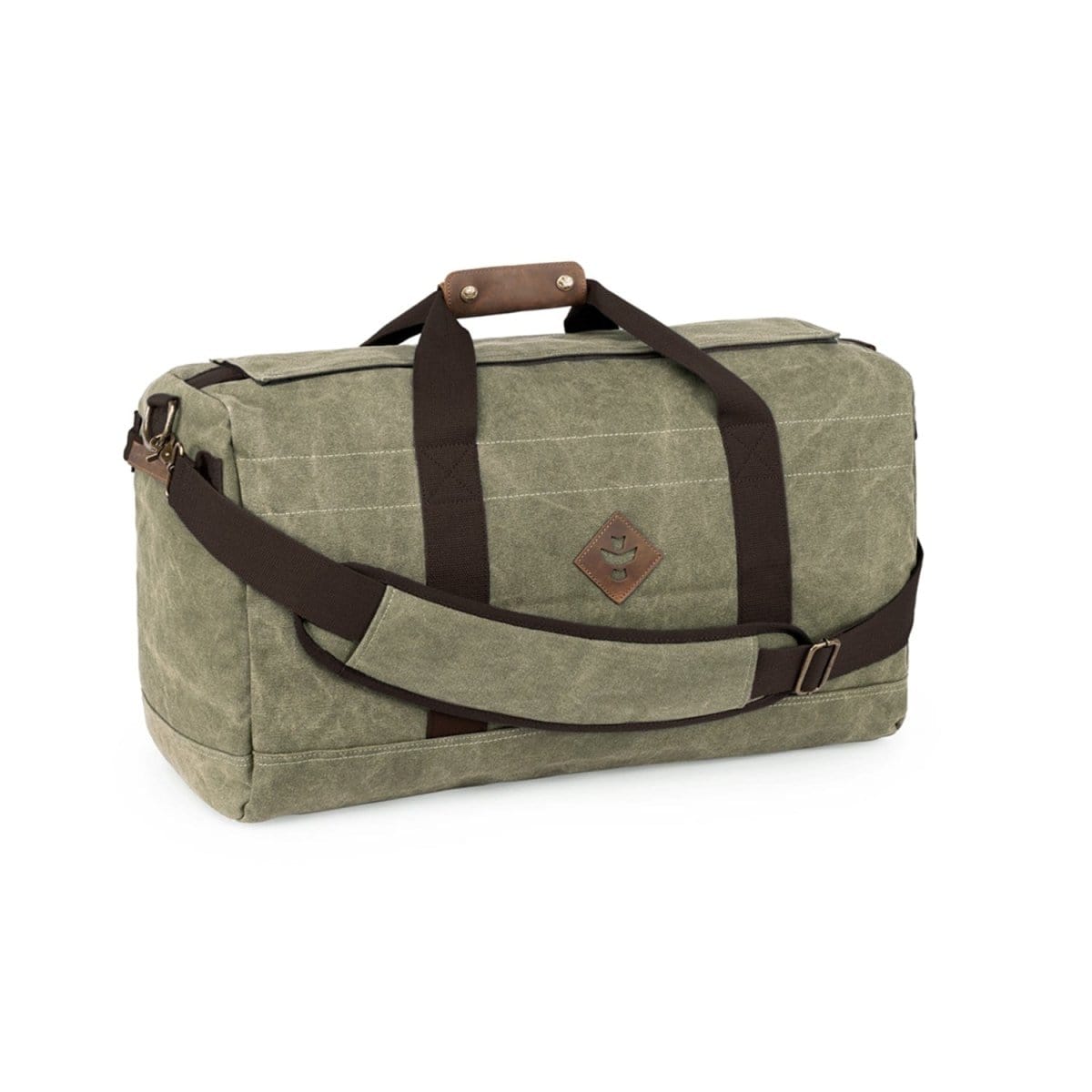 Angled front view of the Sage The Around-Towner - Smell Proof Medium Duffle on a white background, showing its canvas body, dark brown straps, and leather handle.
