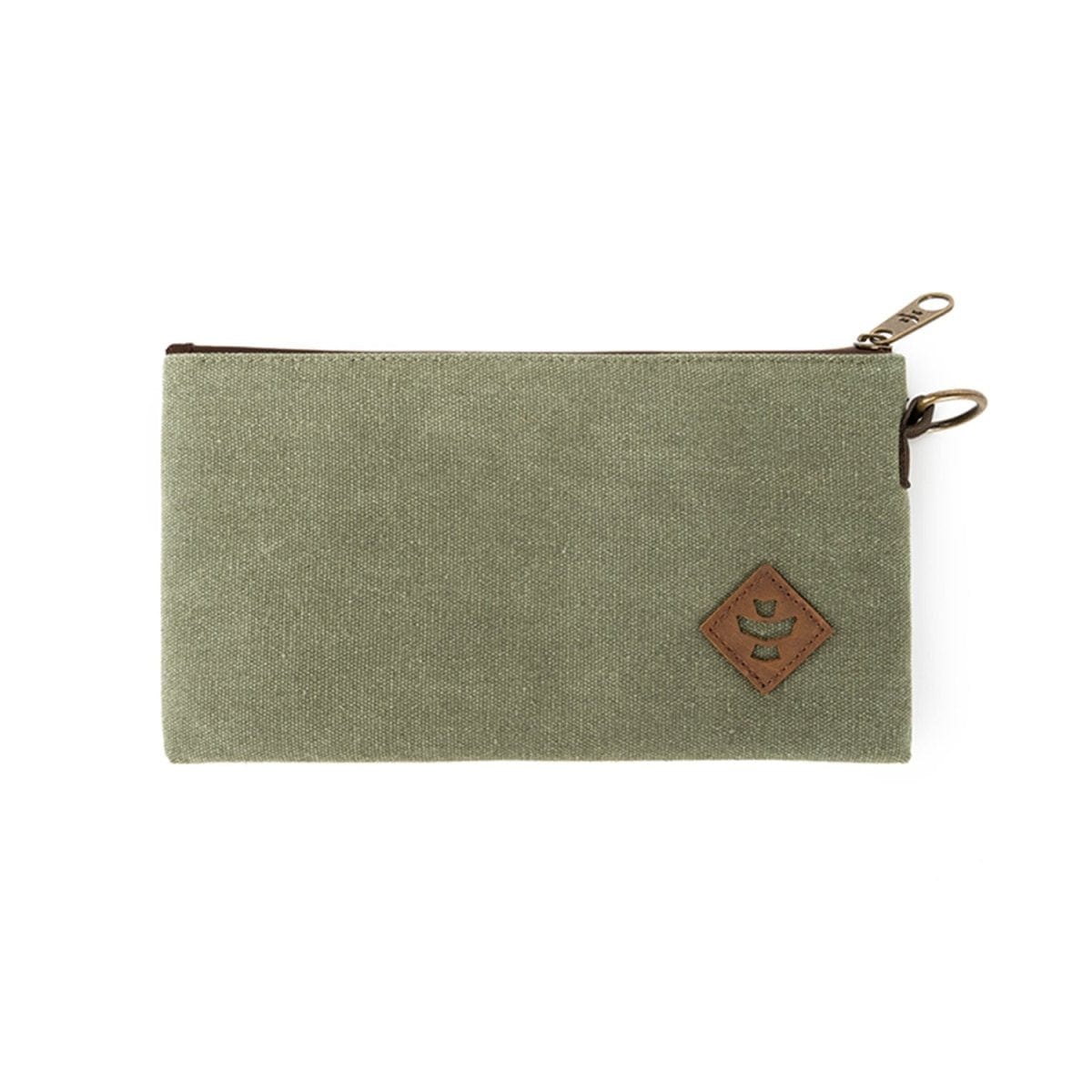 Front view of The Broker - Smell Proof Zippered Stash Bag, a dark green zippered pouch against a plain white backdrop.