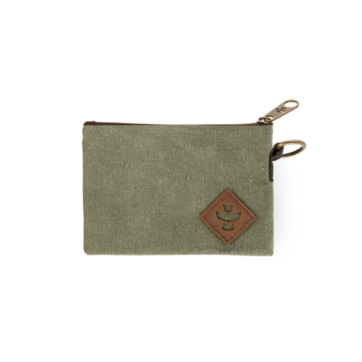Front view of The Mini Broker - Smell Proof Zippered Small Stash Bag, a closed, dark green zippered pouch with a metal pull.
