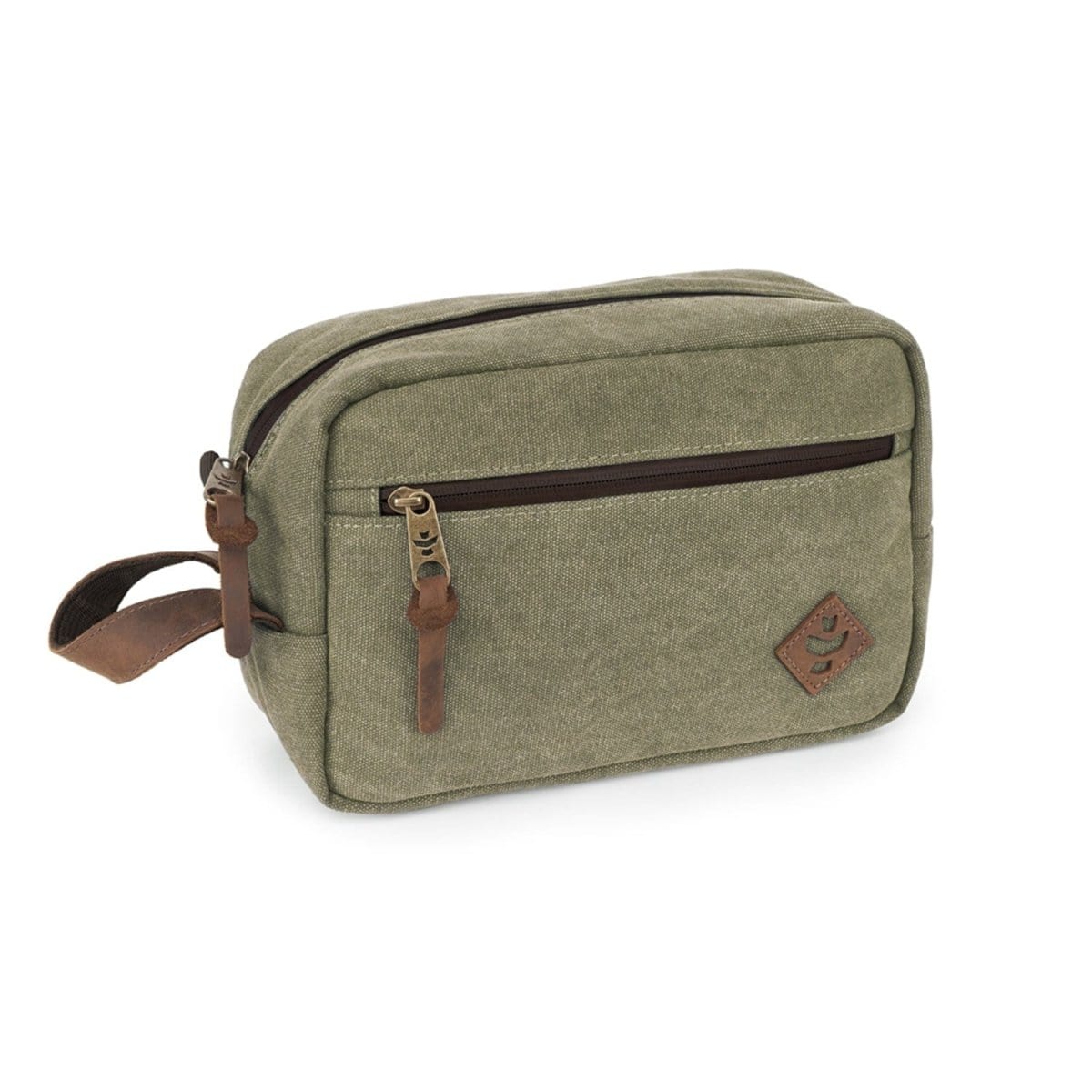 Front view of The Stowaway - Smell Proof Toiletry Kit, a dark green, zippered pouch with a carrying handle.