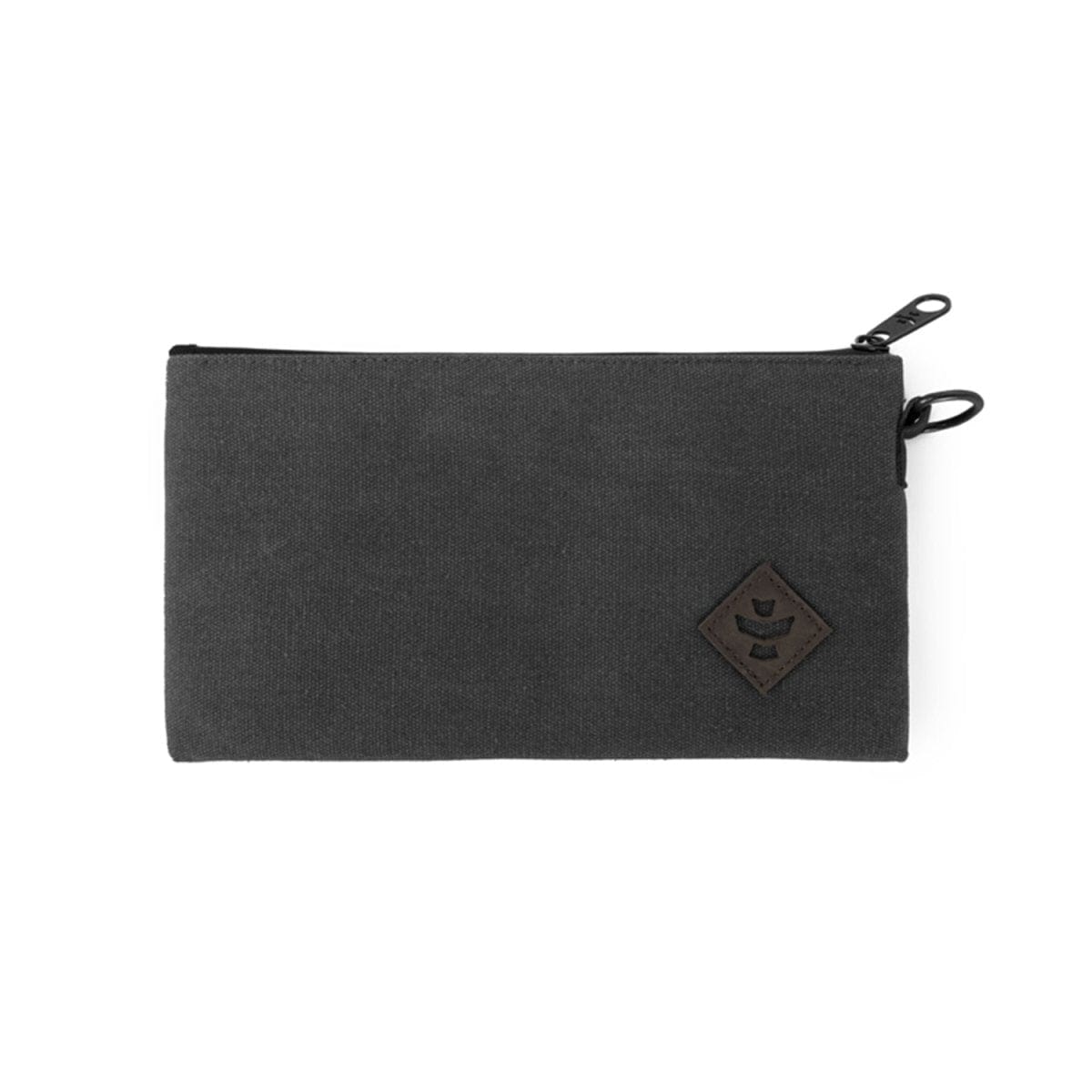 Front view of the Smell Proof Zippered Stash Bag by The Broker, showcasing its rectangular shape and dark, zippered closure.
