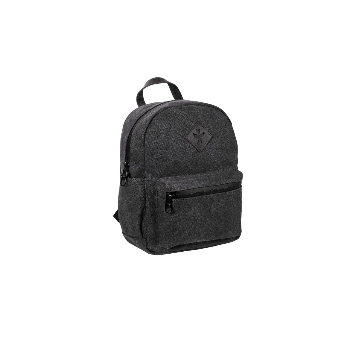 Front view of The Shorty - Smell Proof Mini Backpack, a black compact backpack isolated on a white background.