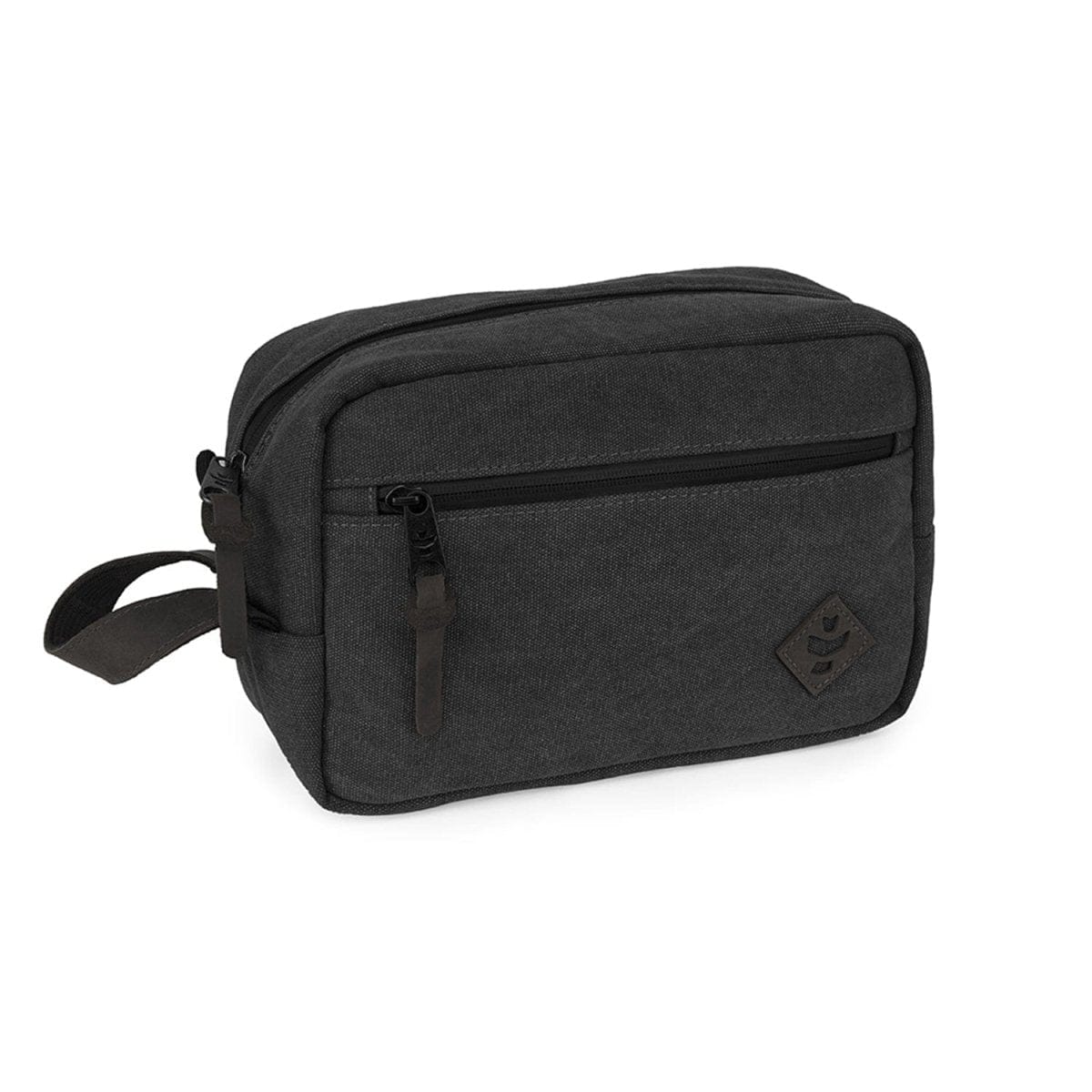 Front view of The Stowaway Smell Proof Toiletry Kit, a zippered black pouch with a carrying handle, against a plain white background.