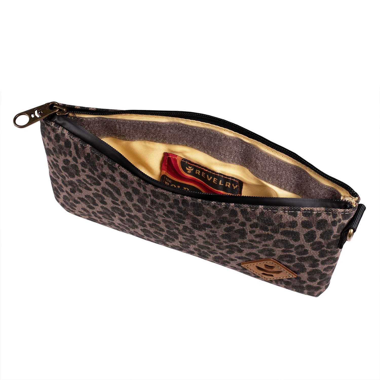 The Broker - Smell Proof Zippered Stash Bag is shown open, revealing a dark interior and showcasing its zippered closure.