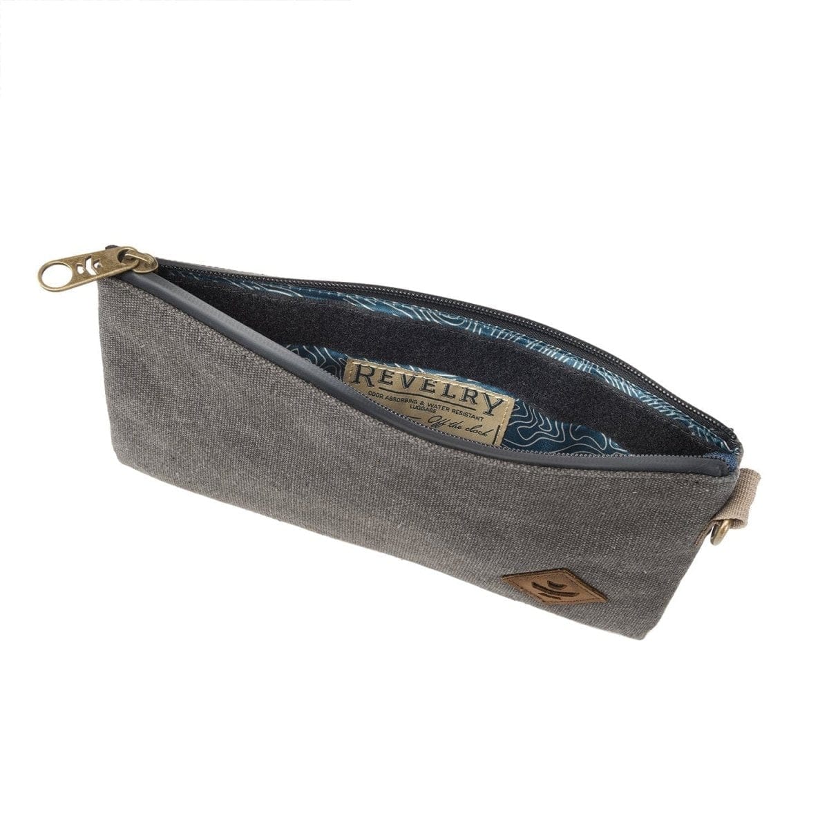 A slightly angled view of the Revelry The Broker - Smell Proof Zippered Stash Bag, showing the dark-colored fabric and zipper closure.