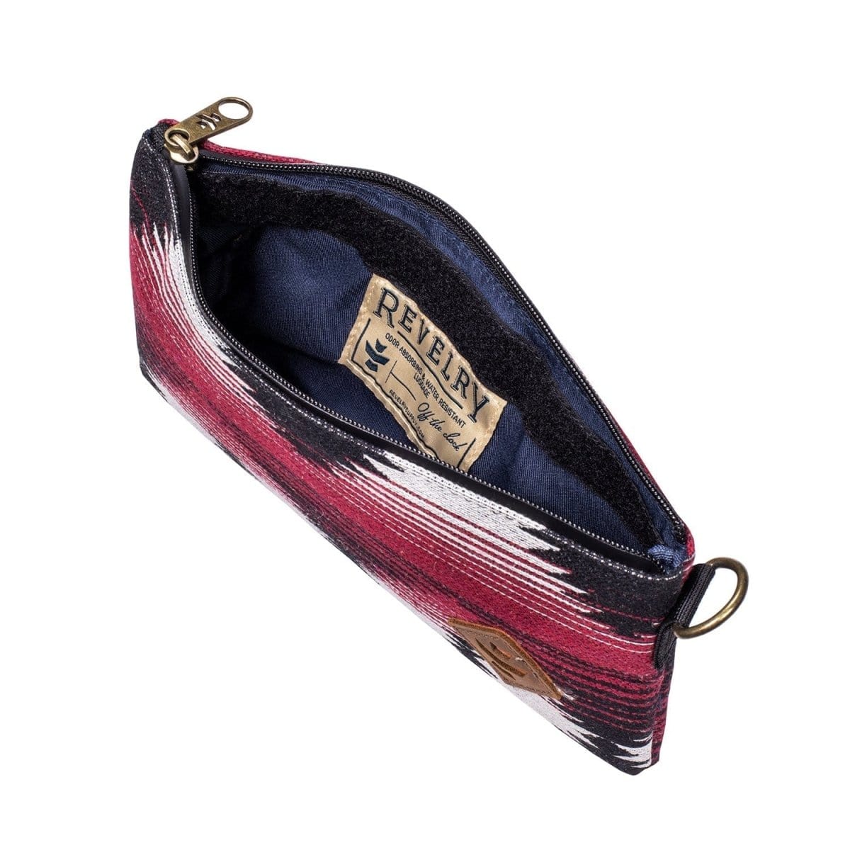 The Broker - Smell Proof Zippered Stash Bag is shown open, revealing a dark interior, with the red and black patterned exterior visible.