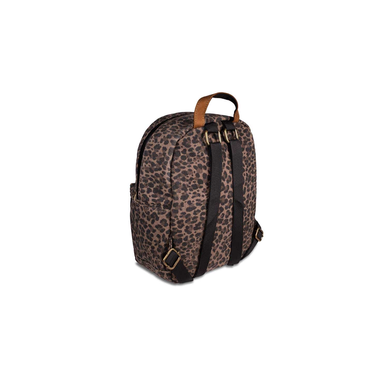 Side view of The Shorty - Smell Proof Mini Backpack, a patterned bag with black straps against a plain white background.