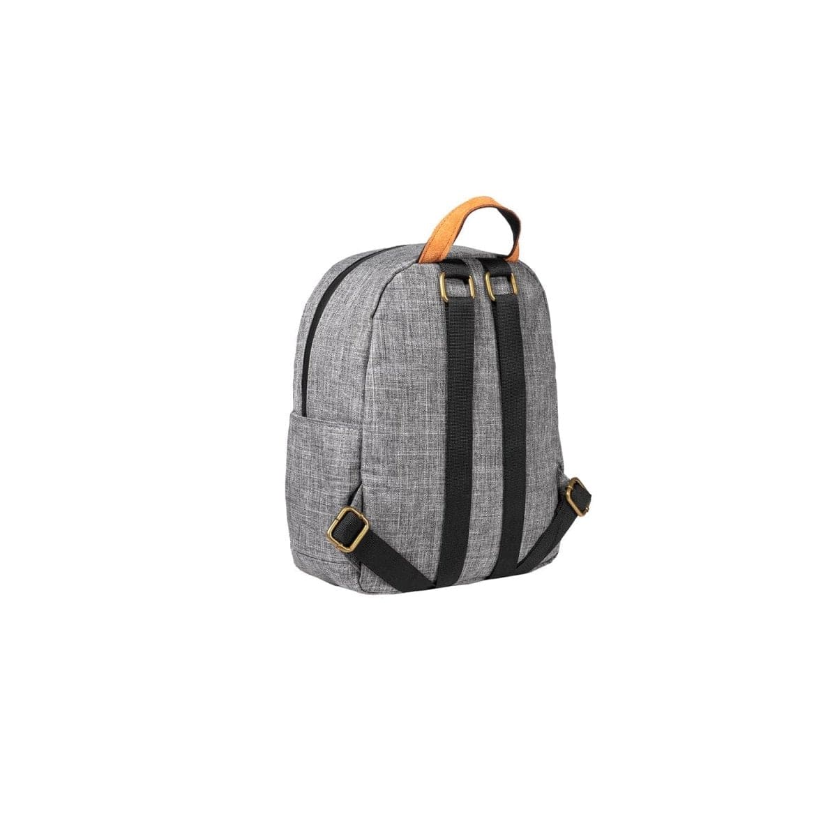 A three-quarter view of the Smell Proof Mini Backpack - The Shorty, showcasing its compact size and textured gray fabric.