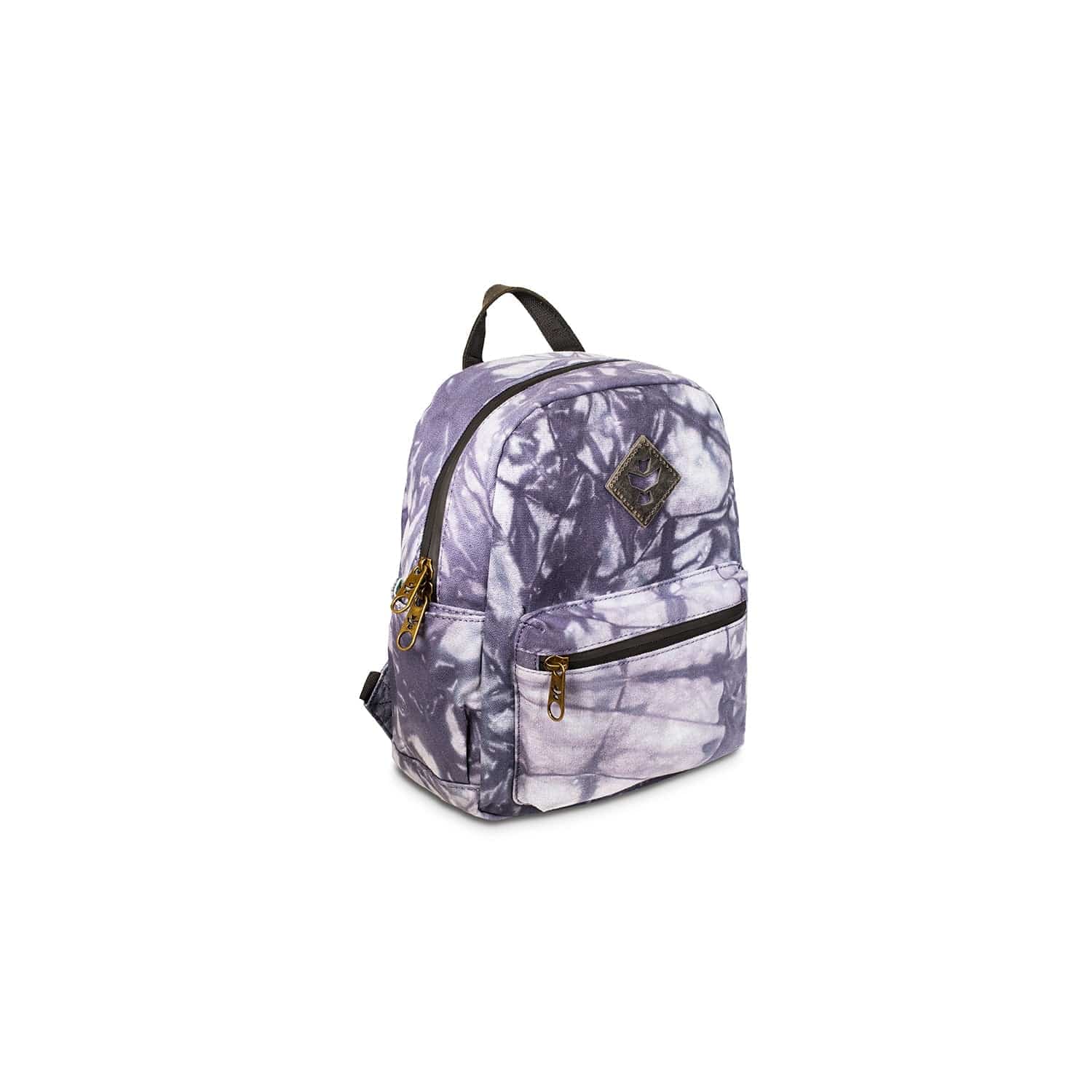 Front view of The Shorty - Smell Proof Mini Backpack, a purple tie-dye backpack angled slightly against a plain white backdrop.