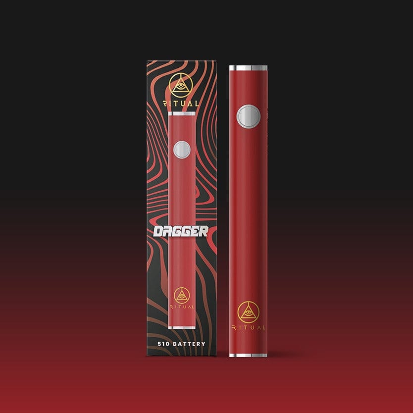 Front view of the red Ritual  Dagger 510 Variable Voltage Pen Battery, showcasing its sleek cylindrical design against a dark background.