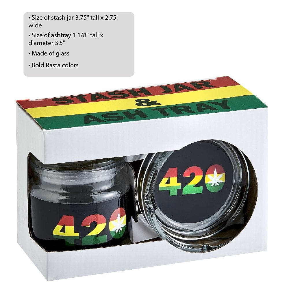 Overhead view of the “Ashtray set with Stash jar - 420 DESIGN”, showcasing a black and colorful patterned set against a dark backdrop.