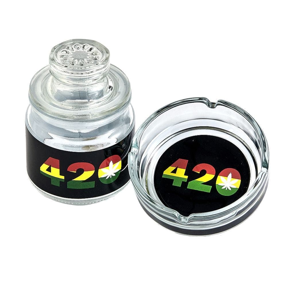 Overhead view of the “Ashtray set with Stash jar - 420 DESIGN”, showing a clear glass jar with a tight-fitting lid.