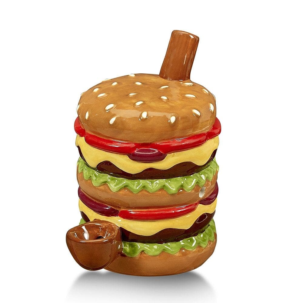 Front view of the Cheese burger pipe, a stacked, colorful piece resembling a burger with a smooth, glossy finish.