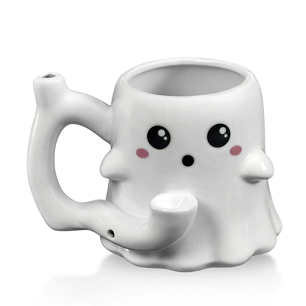 A slightly angled, close-up view of the Roast & Toast Ghost mug, showcasing its playful, spectral design.