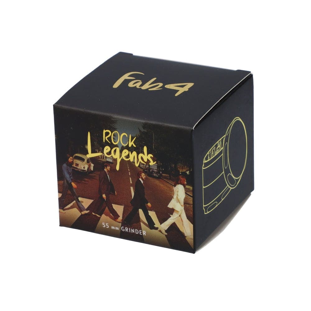 Front view of the Fab4 Abbey Road 55mm 4-Piece Grinder, showcasing a metallic grinder with textured details on a dark background.