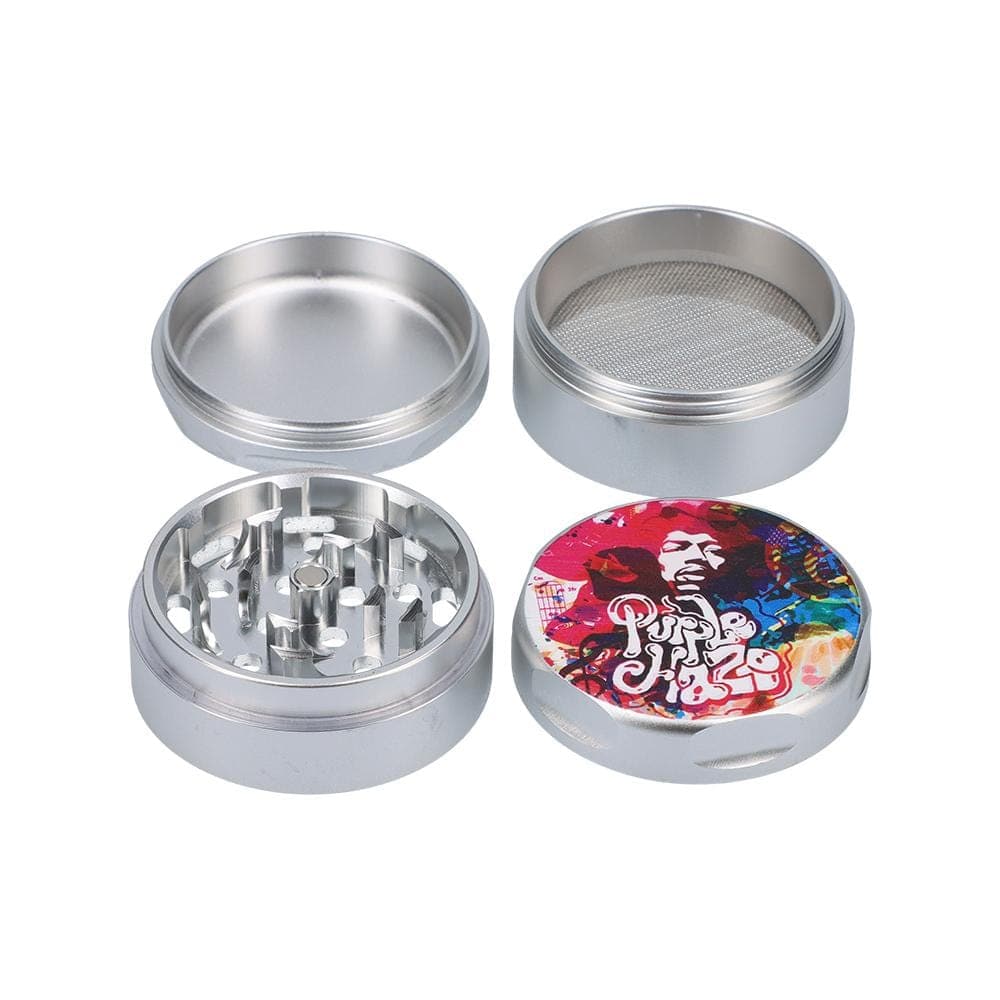 Top-down view of the open Jimi Hendrix Rainbow Haze 55mm 4-Piece Grinder, revealing its multi-tiered metal construction.