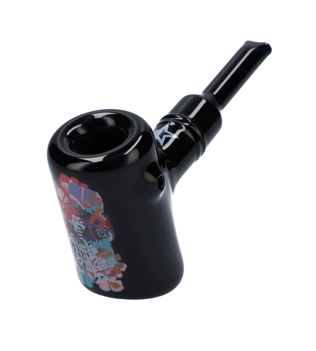 Black glass bubbler with colorful graffiti design.