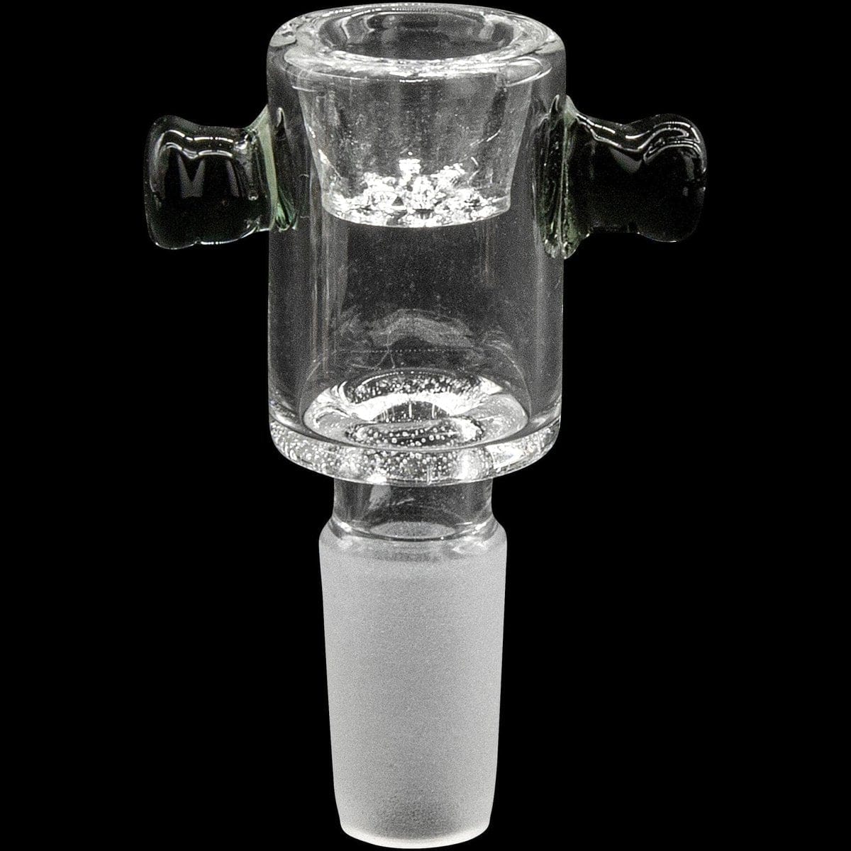 Close-up front view of the clear Honeycomb Cylinder Bowl with Handles against a black background, showing its cylindrical chamber, two small side handles, and frosted glass joint.