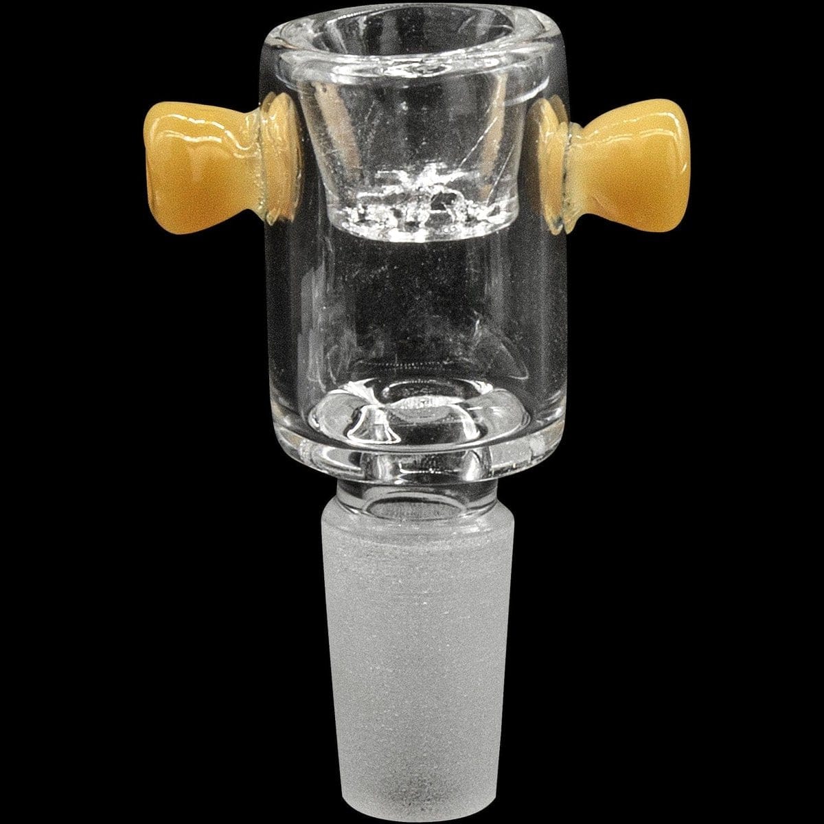 Close-up front view of the Honeycomb Cylinder Bowl with Handles showing a clear glass cylindrical bowl with two small amber handles against a black background.