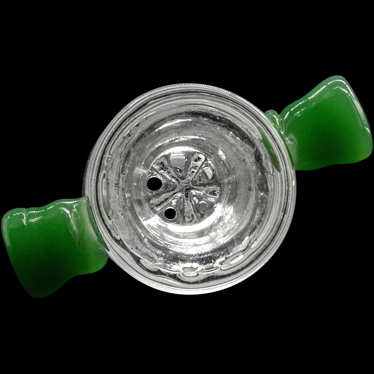 Top-down view of the Honeycomb Cylinder Bowl with Handles showing its clear honeycomb-patterned interior and two short green handles against a black background.