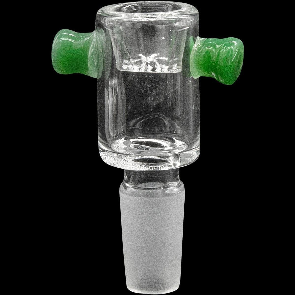 Close-up front view of the Honeycomb Cylinder Bowl with Handles showing a clear cylindrical glass chamber with two small green side handles against a black background.