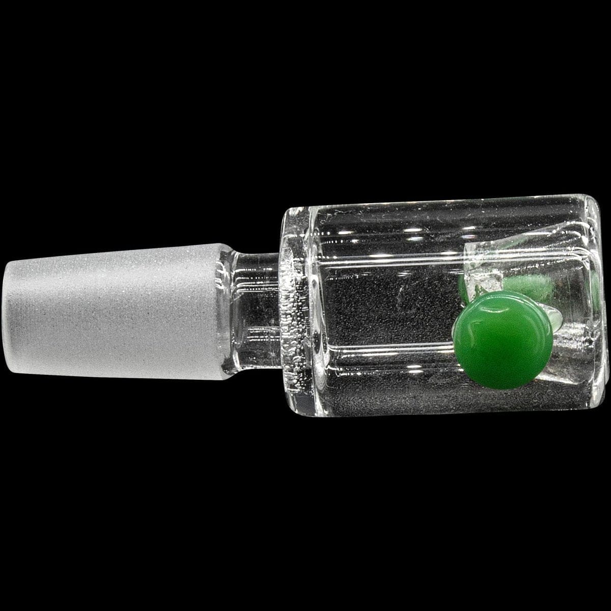 Close-up side view of a clear Honeycomb Cylinder Bowl with Handles featuring a green decorative nub inside, photographed against a black background.