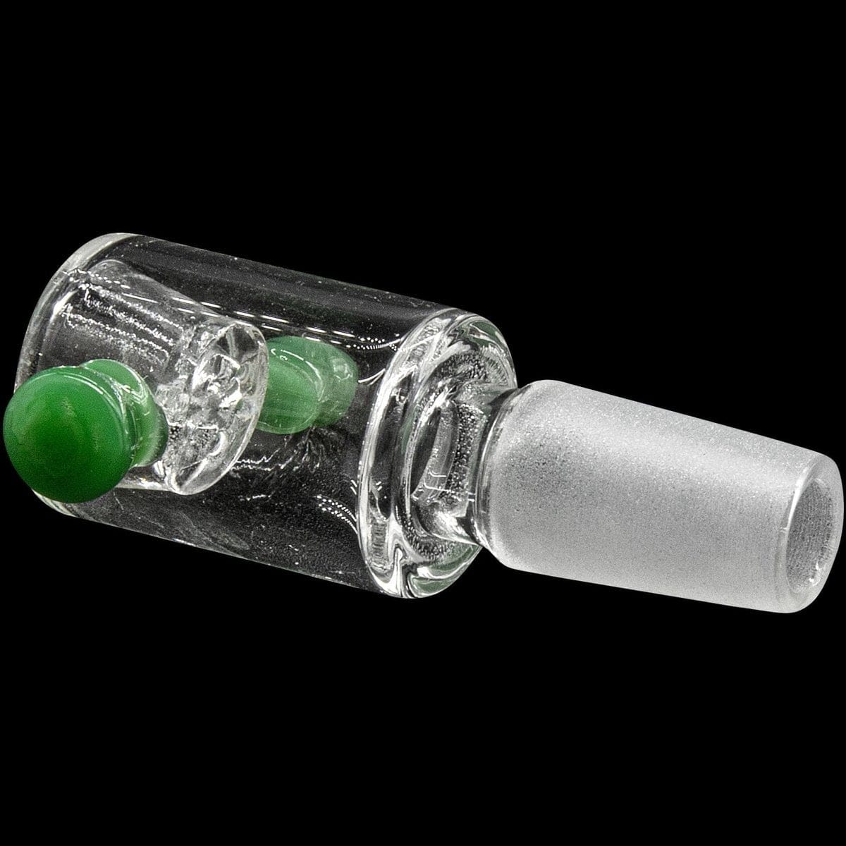 Angled close-up of the Honeycomb Cylinder Bowl with Handles showing its clear glass cylinder, inner honeycomb perc and green handle against a black background.