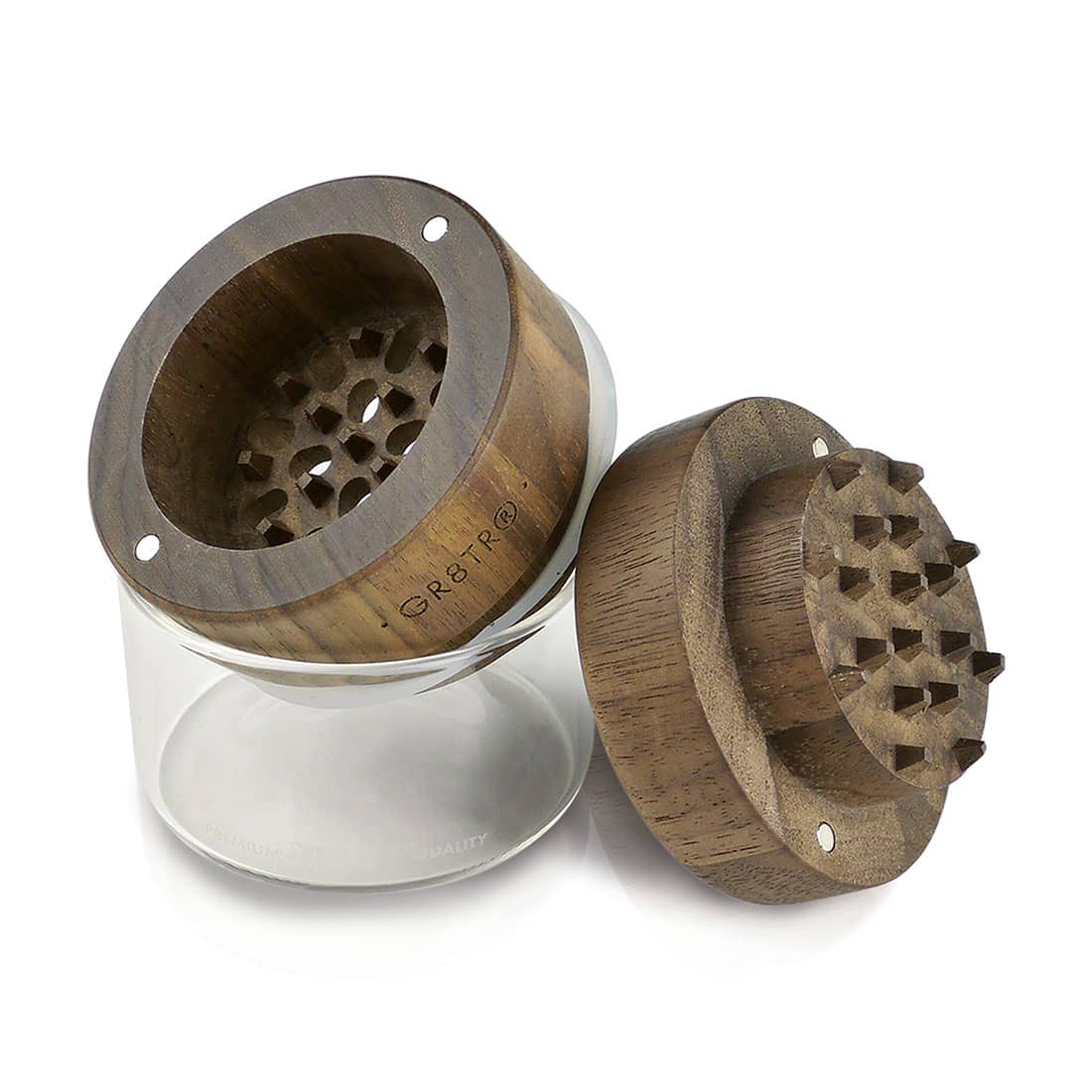 A slightly angled close-up of the RYOT GR8TR with Jar Body, showing its wooden exterior and open jar-shaped interior.