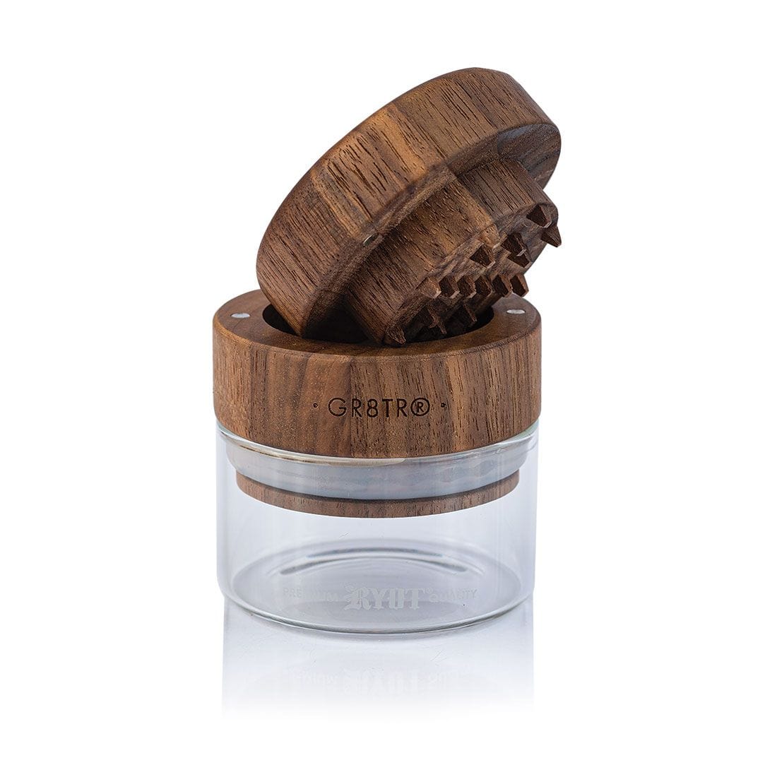 A side view of the RYOT GR8TR with Jar Body, showcasing its wooden exterior and cylindrical form against a plain white background.