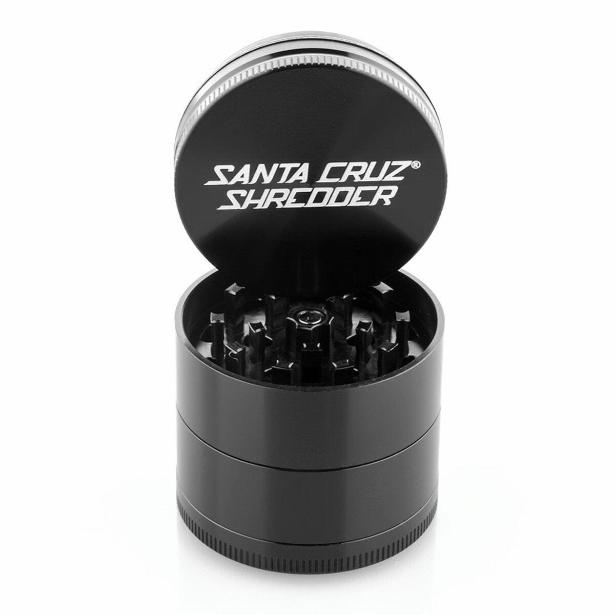 A close-up shot of the Santa Cruz Shredder 4 Piece Medium Grinder, showcasing its cylindrical, multi-part metal construction.