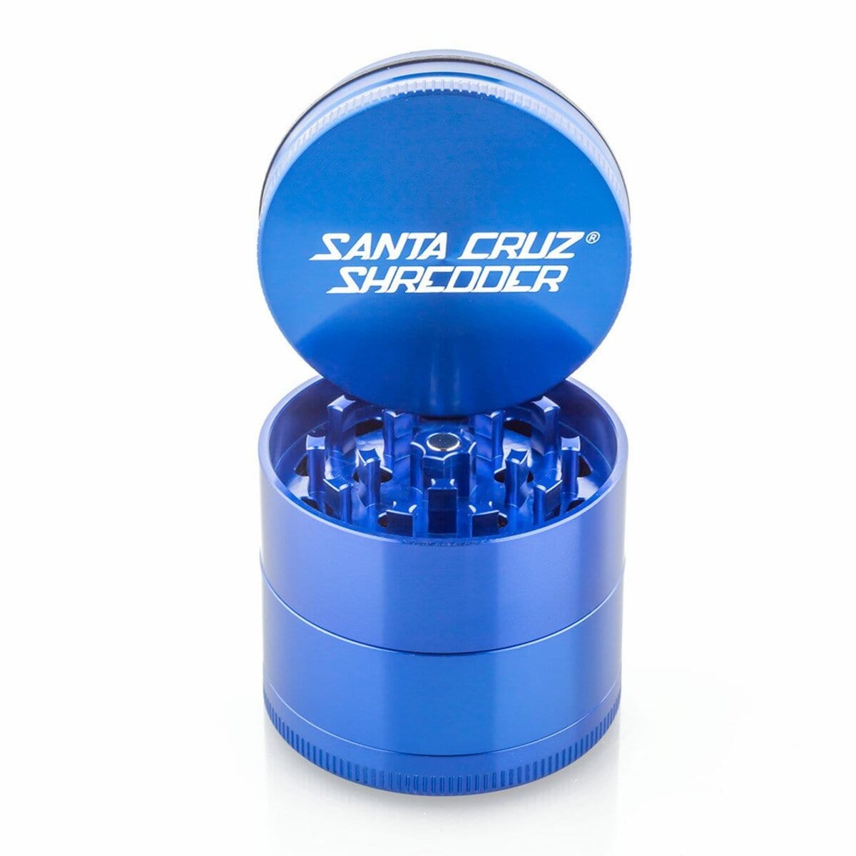 A close-up of the Santa Cruz Shredder 4 Piece Medium Grinder, showcasing its metallic blue finish and multi-tiered design.