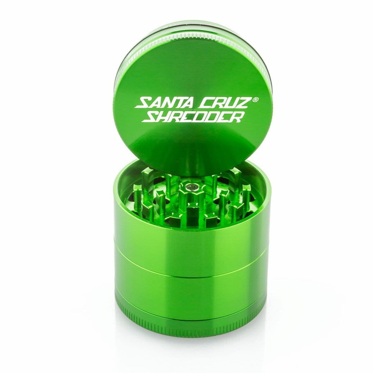 A close-up, angled view of the open Santa Cruz Shredder 4 Piece Medium Grinder, revealing its multi-tiered, silver-toned interior.