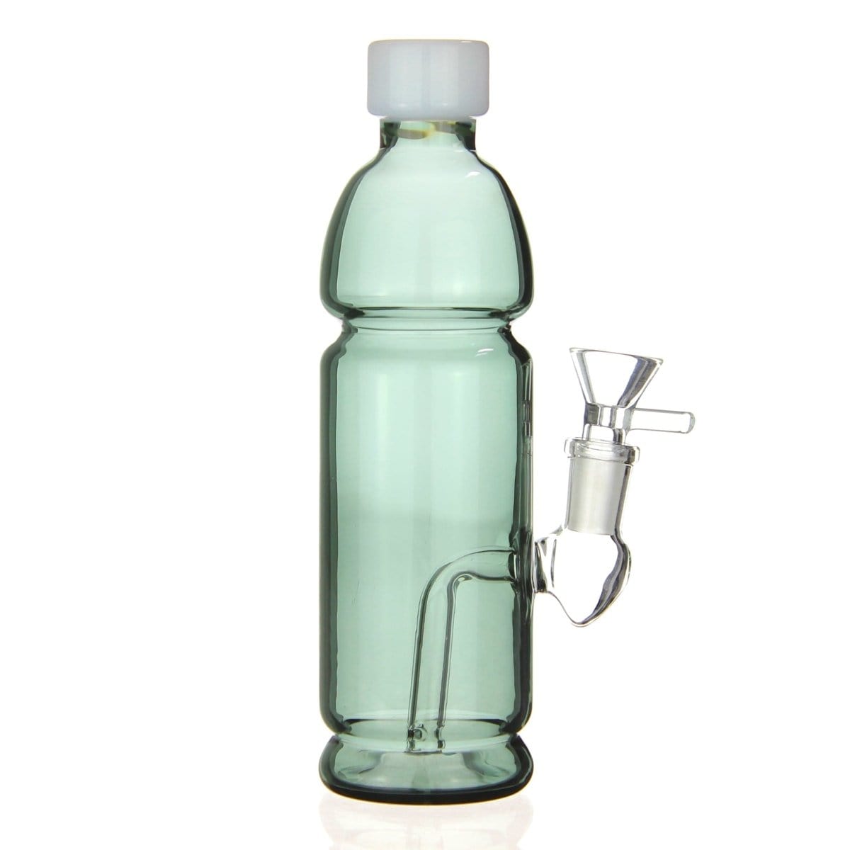 A front view of the Terpade Bottle Bong, showcasing its curved glass body and clear design against a bright white backdrop.
