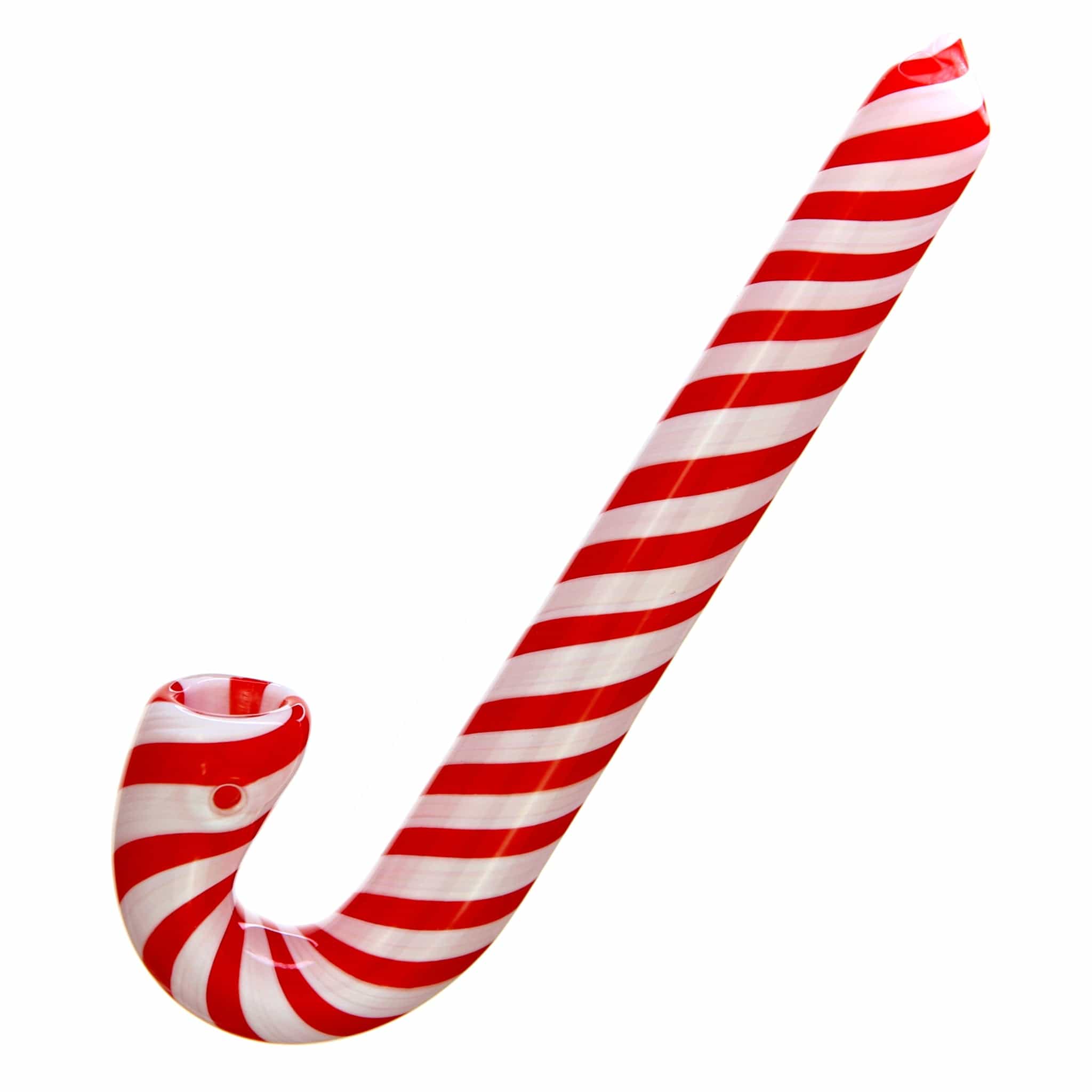 A studio shot of the Candy Cane Sherlock Pipe, displaying its curved shape and red and white striped pattern.