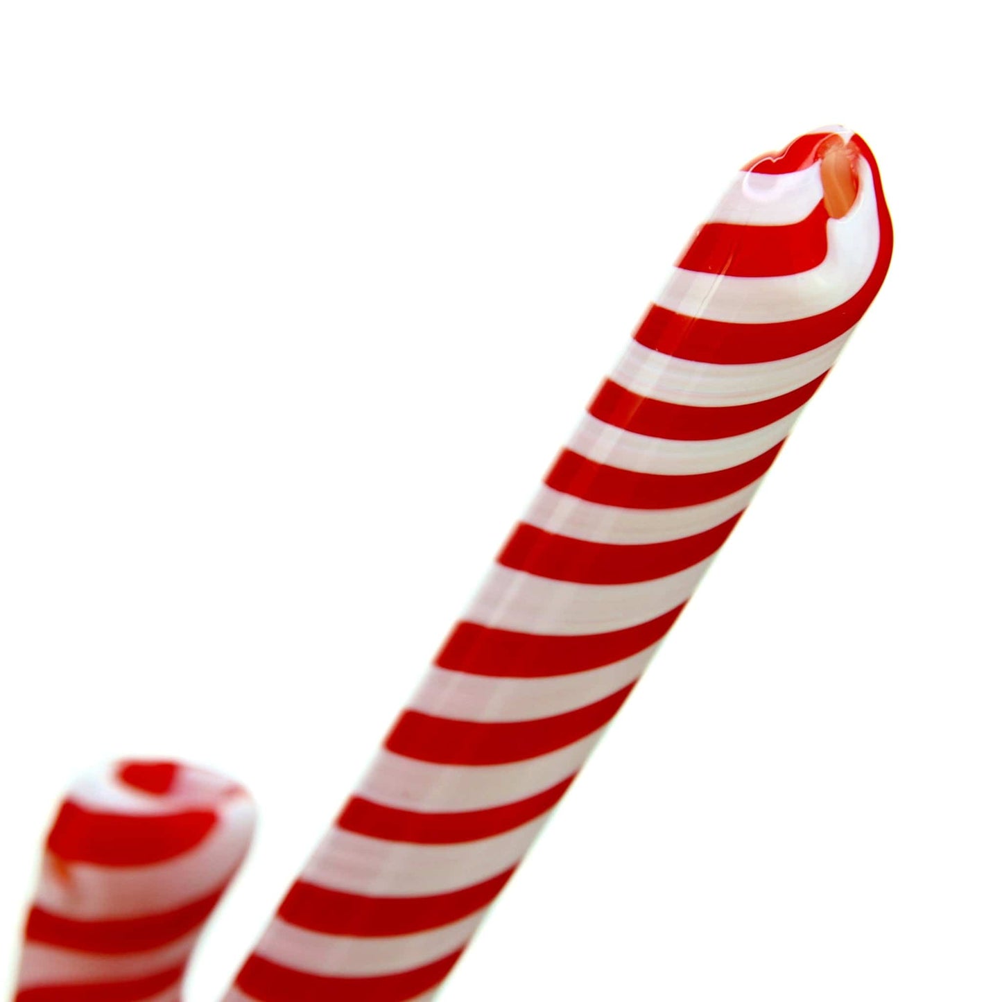 A close-up, angled view of the Candy Cane Sherlock Pipe, showcasing its swirling red and white striped design.