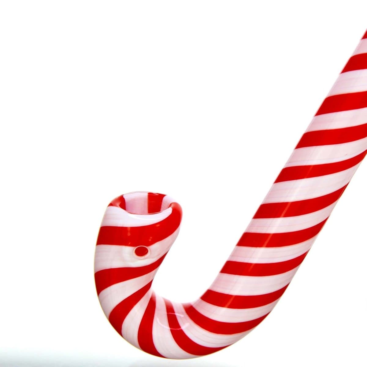 A close-up, angled view of the Candy Cane Sherlock Pipe, showcasing its red and white striped design.