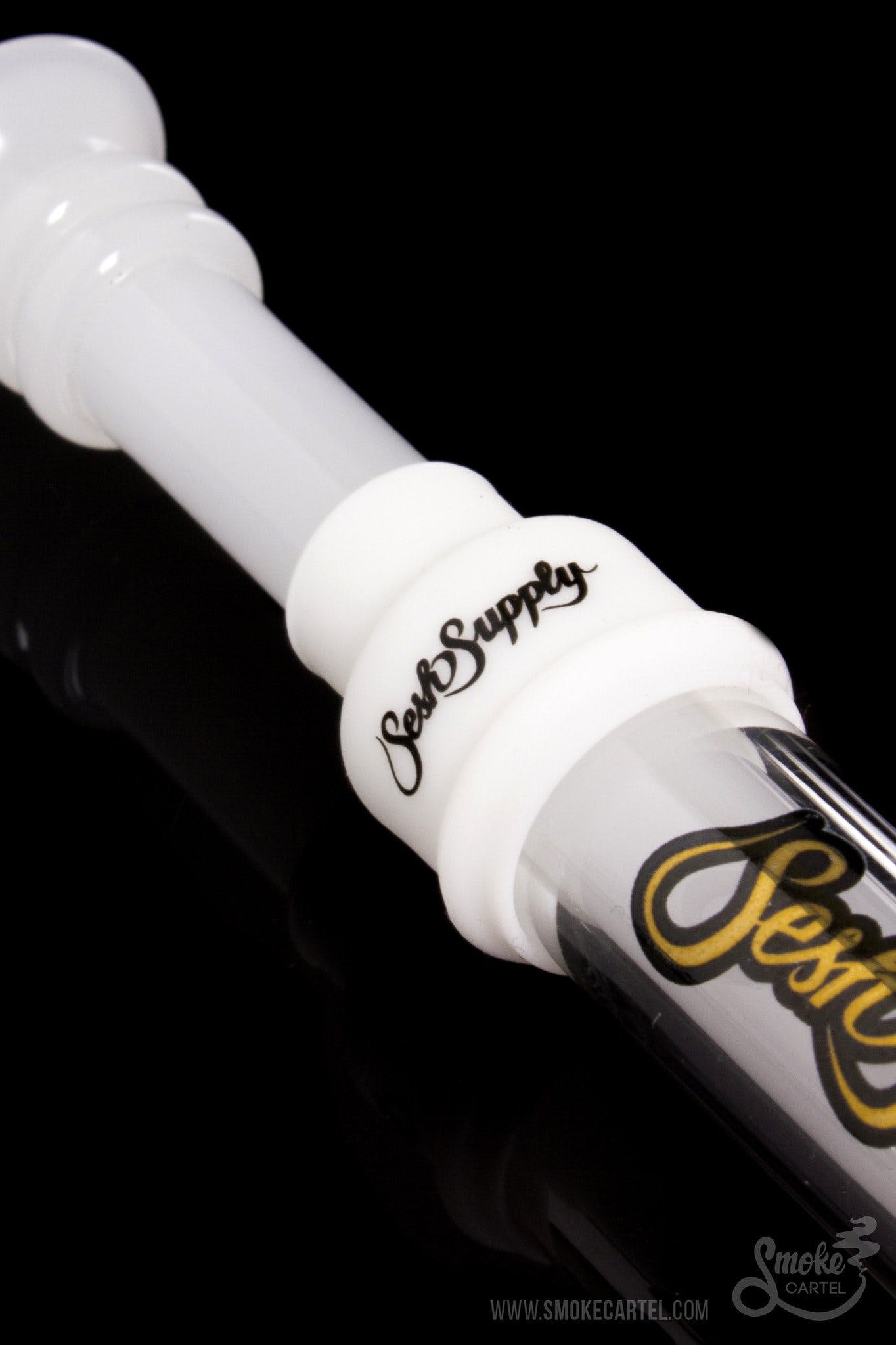 Close-up angled view of the SS-GB1-WHT, a white glass piece with a smooth, curved neck and visible joint detail.