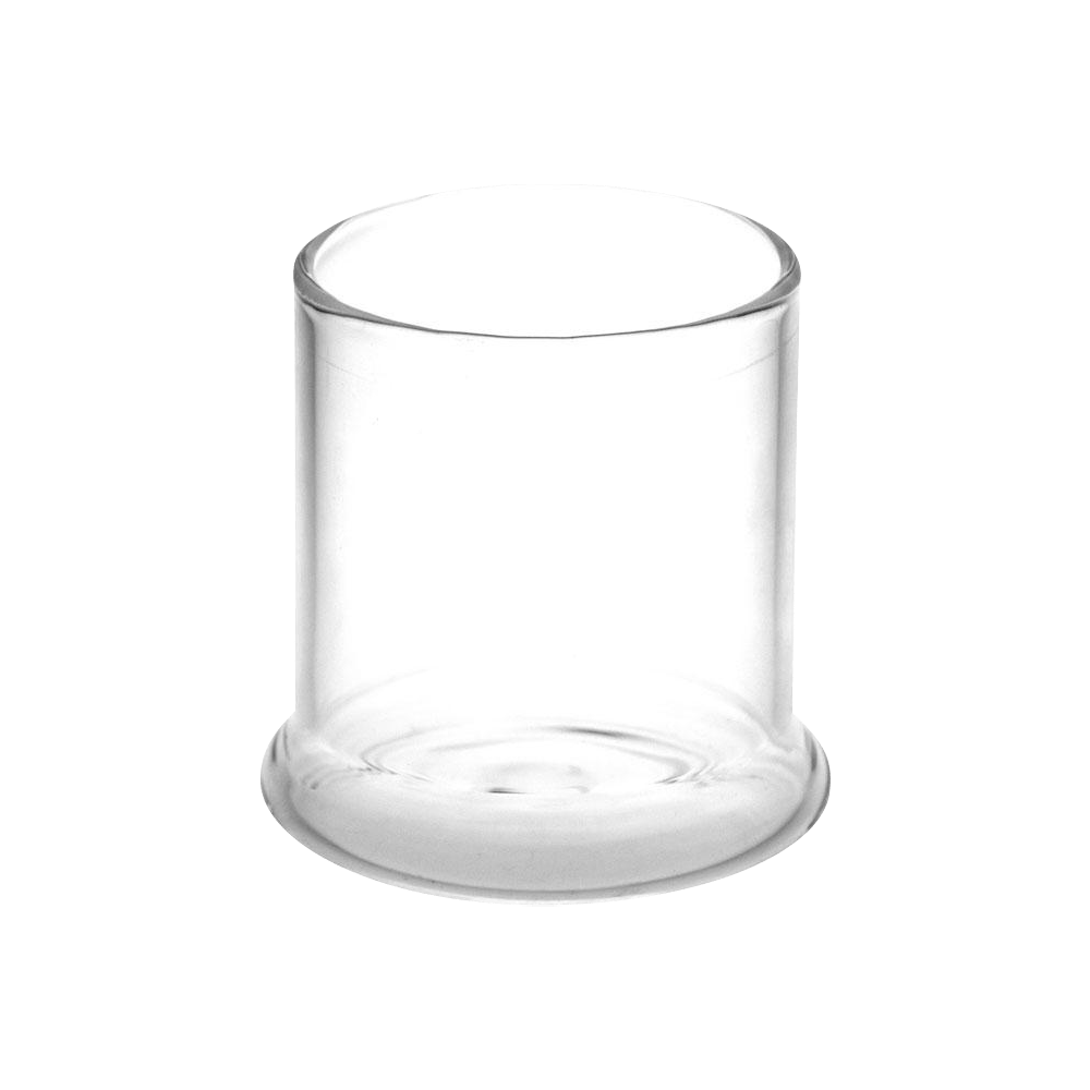 A straight-on view of the SeshGear Dabtron Electronic Dab Rig Base Jar, a clear glass container with a simple cylindrical shape.