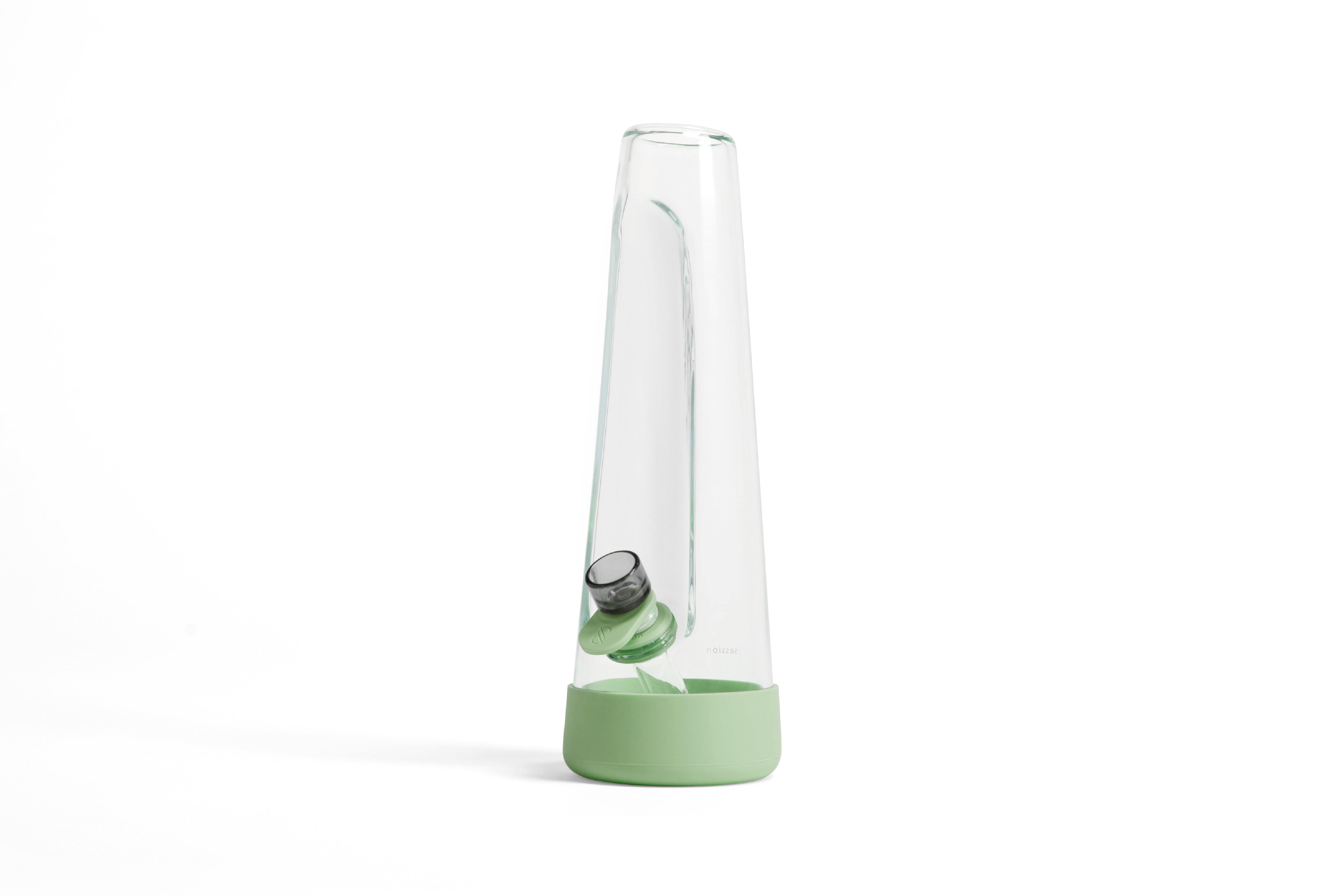 Slim, slightly angled front view of the clear Session Goods Modern Bong with a mint-green silicone base and downstem.