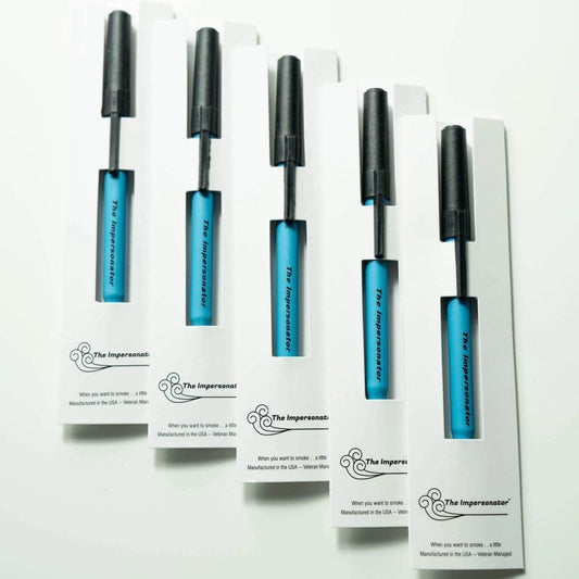 A close-up of The Impersonator 5-Pack, showing five clear tubes arranged vertically against a dark background.