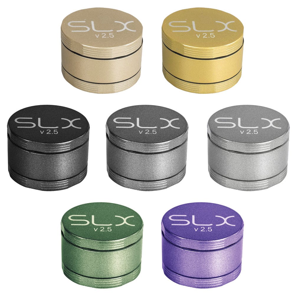 A close-up, top-down view of the SLX Ceramic Coated Metal Grinder, showcasing its metallic finish and circular design.