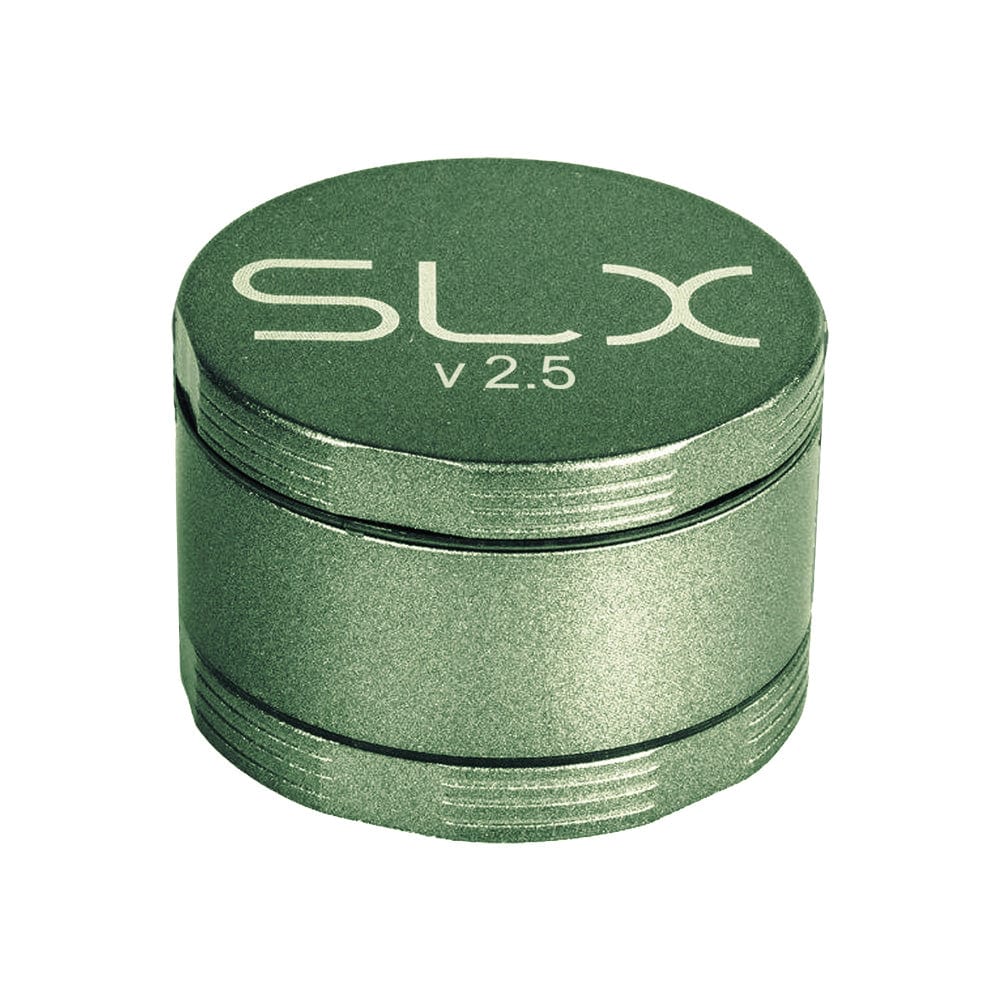 Front view of the SLX Ceramic Coated Metal Grinder, a metallic, four-piece, 2.5-inch grinder against a plain white backdrop.